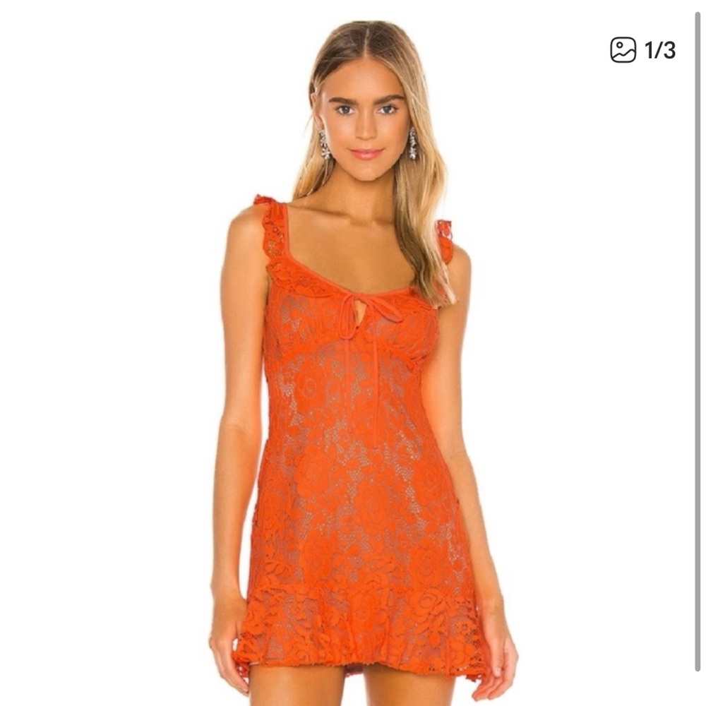 MAJORELLE Orange and Nude Lace Dress